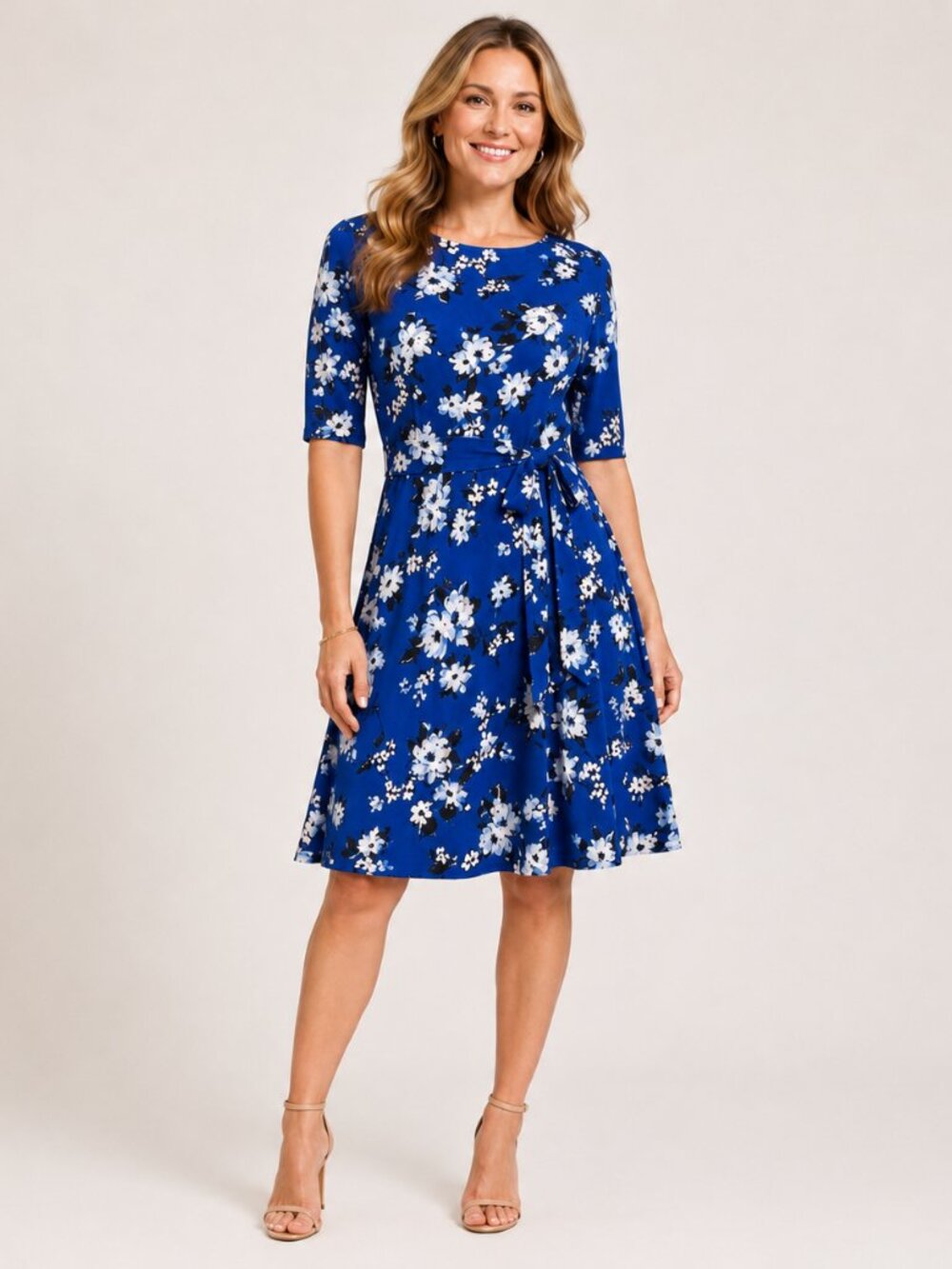 Jessica Howard Women Floral Print Blue Fit & Flare Short Sleeves Dress Size 8P